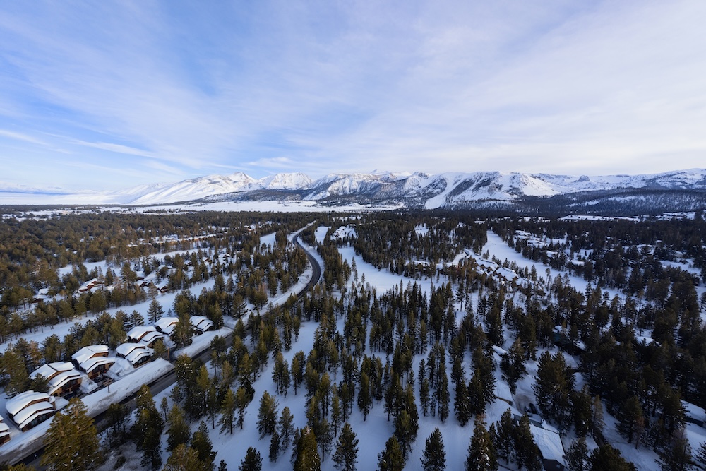 Aerial View of Mammoth Lakes, California in Winter.