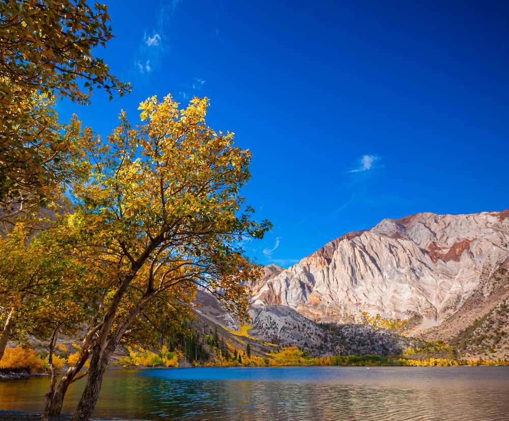 Fall Color on Convict Lake With Laurel Mountain and Sevehah Cliff, Mammoth Lakes, California, USA