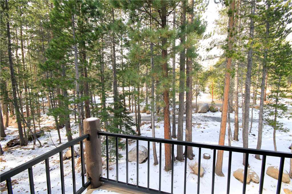 View of trees in Mammoth from a vacation rental's deck