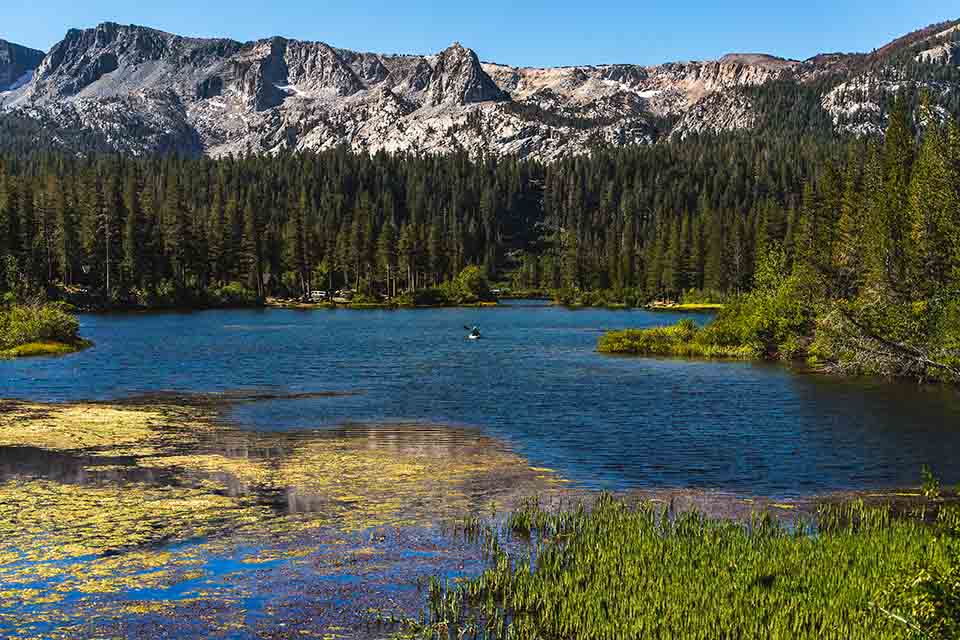 Ariel shot of water sports at Mammoth Lakes, CA